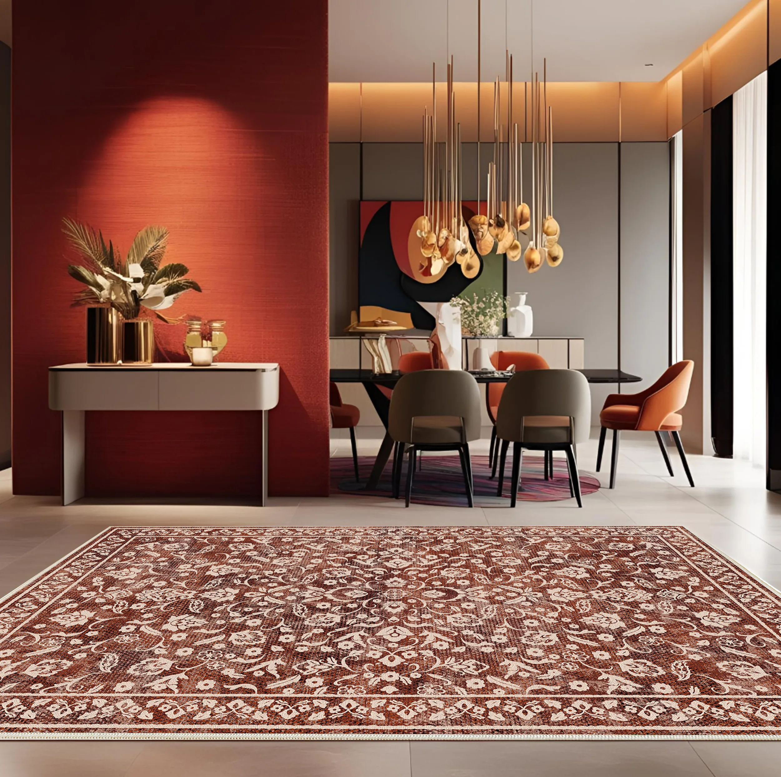فرش ماشینی 1000 شانه زمینه زرشکی حاشیه قرمز مدل اورکوم مدل نانو چاپ بدون پرز طرح مینیمال مارال کد OR.1121.07