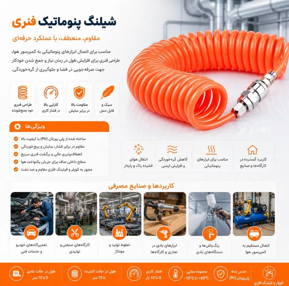 شلنگ پنوماتیک مدل فنری کد 8mil طول 15 متر