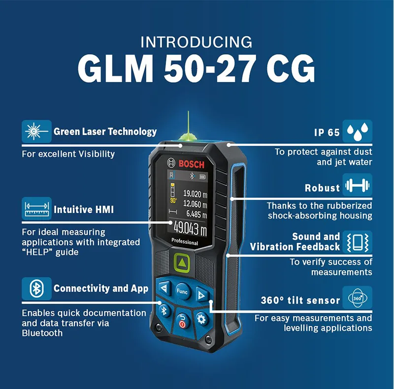 متر لیزری بوش مدل هوشمند حرفه ای GLM 50-27 CG