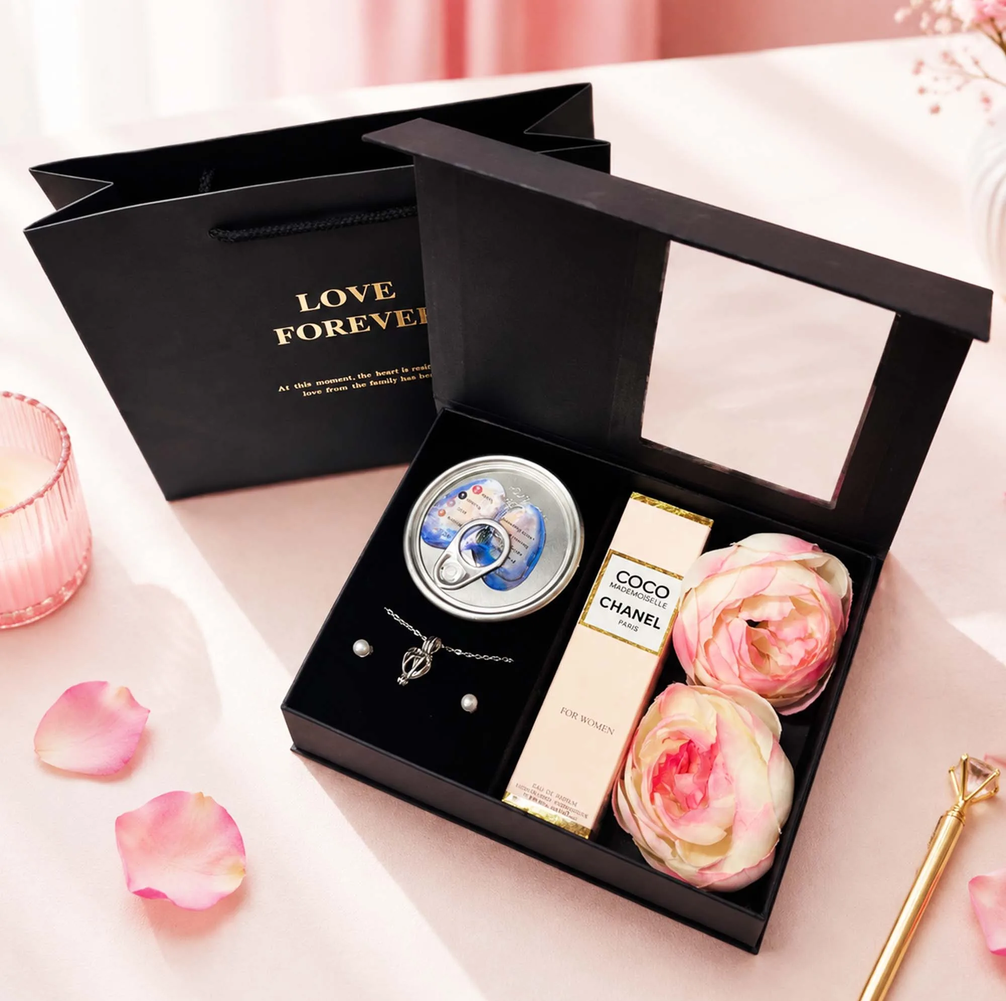ست هدیه زنانه مدل مروارید عشق طبیعی صدفی همراه باکس گل کد 47