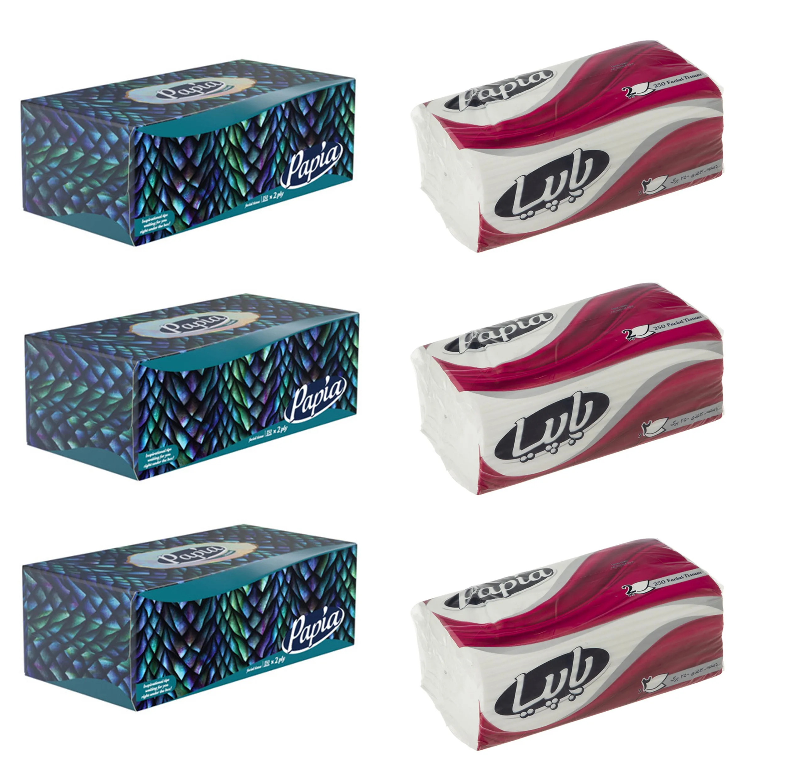 دستمال کاغذی پاپیا مدل 01 بسته 3 عددی به همراه دستمال کاغذی پاپیا مدل 02 بسته 3 عددی