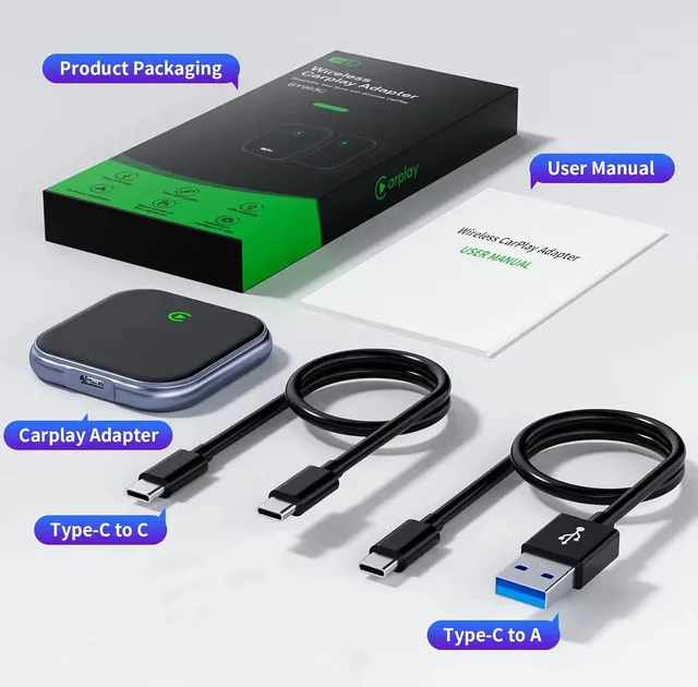 کارپلی و اندروید اتو مدل 2in1 wireless adapter به همراه کابل USB به USB-C و کابل USB-C