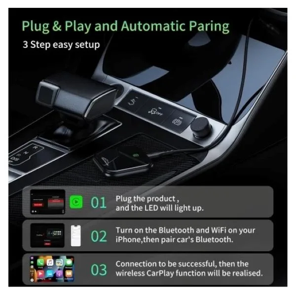 کارپلی و اندروید اتو مدل 2in1 wireless adapter به همراه کابل USB به USB-C و کابل USB-C