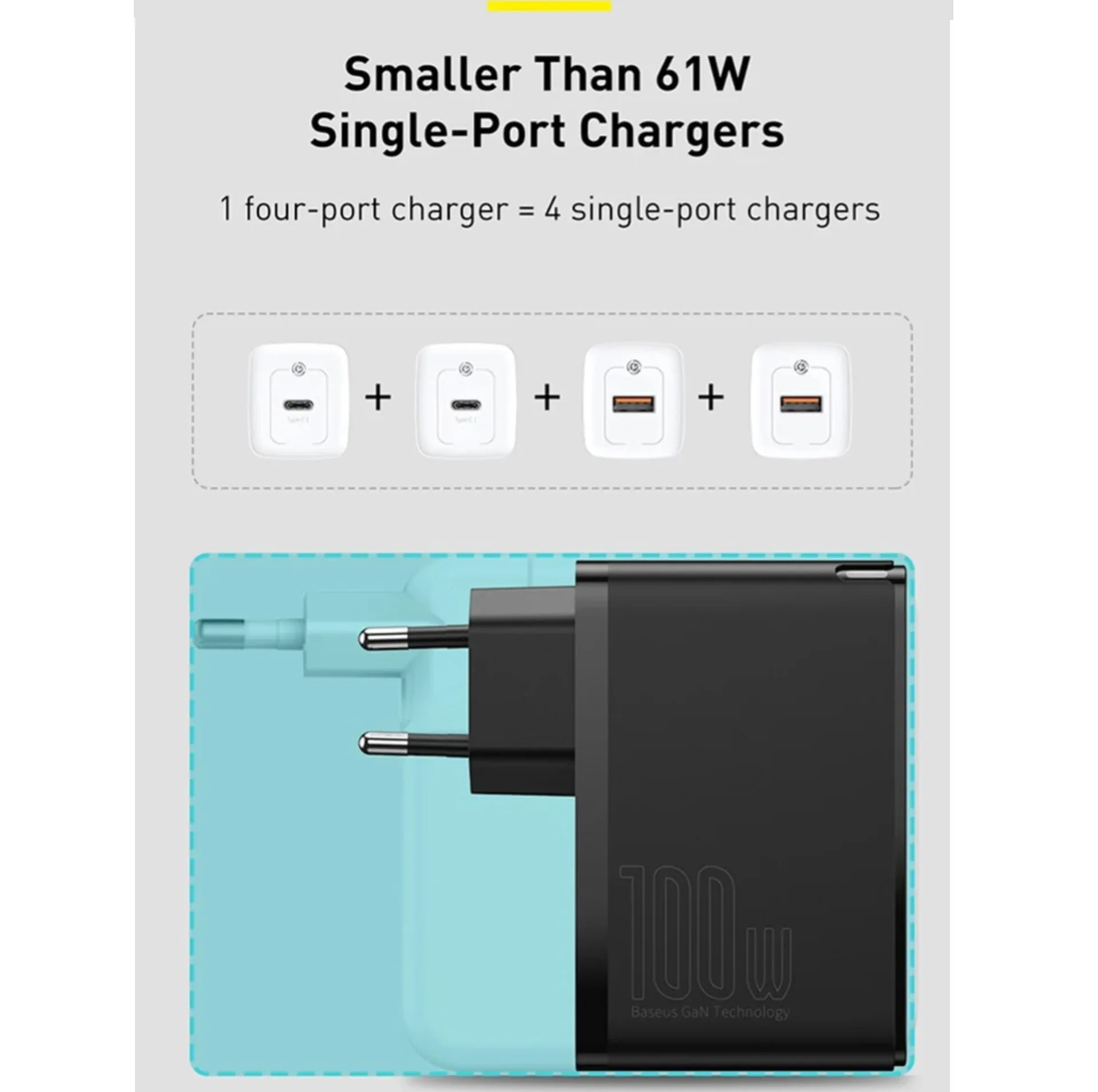 شارژر دیواری 100 وات 4 پورت بیسوس مدل GaN2 Pro به همراه کابل USB-C