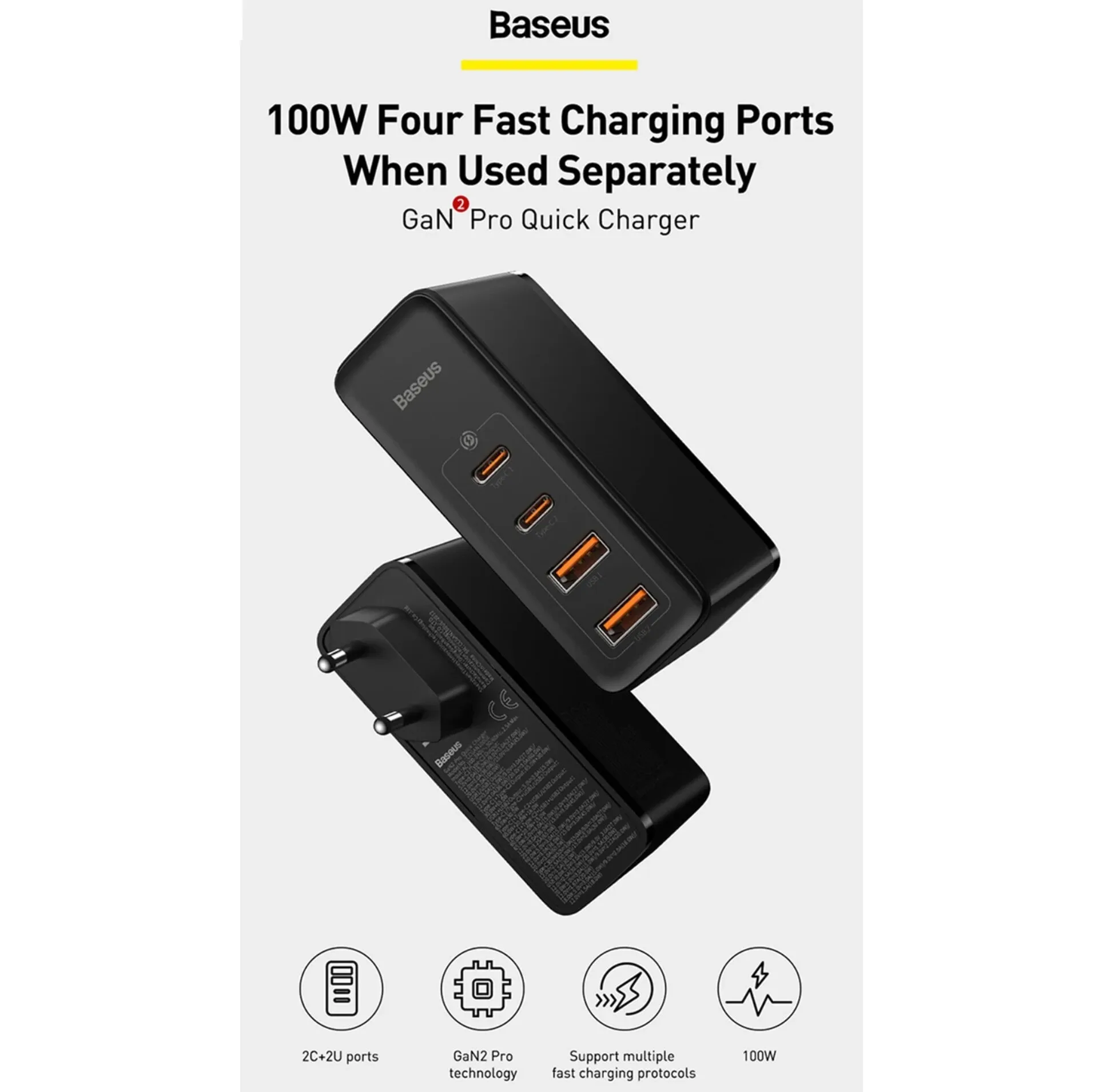 شارژر دیواری 100 وات 4 پورت بیسوس مدل GaN2 Pro به همراه کابل USB-C