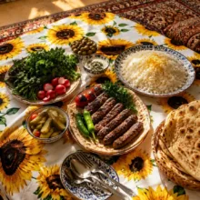 سفره ۴ نفره مدل TCA220915 طرح گل آفتابگردان سایز ۸۸×۸۸ سانتیمتر