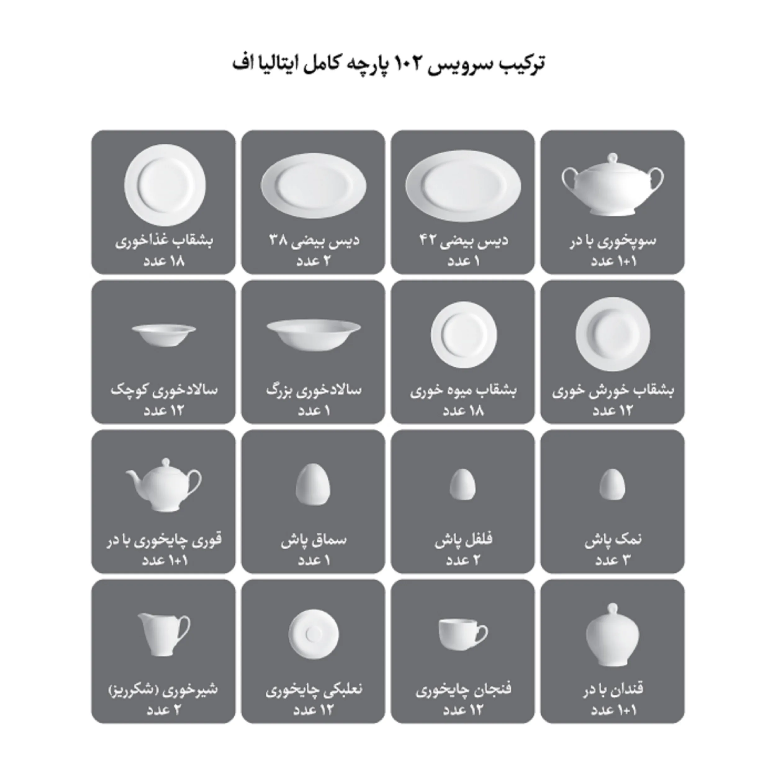 سرویس غذاخوری 102 پارچه چینی زرین ایران مدل ایتالیا اف ریوا درجه عالی