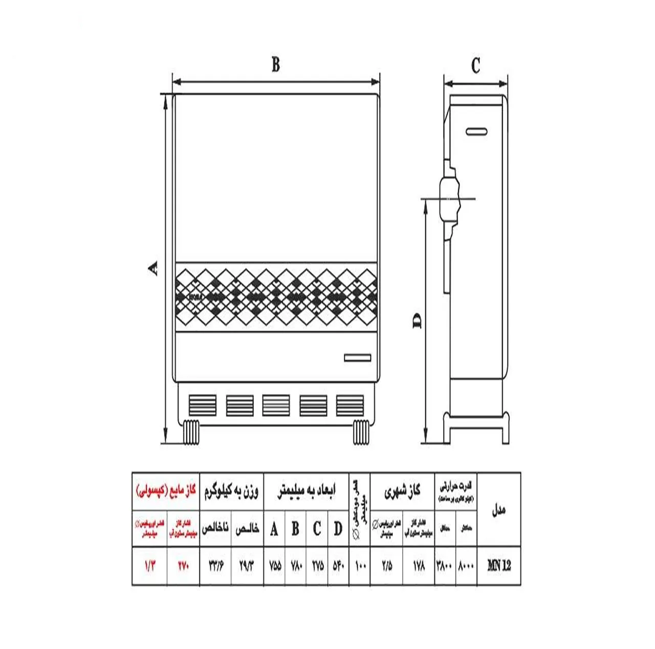 بخاری گازی نیک کالا مدل مرجان MN12