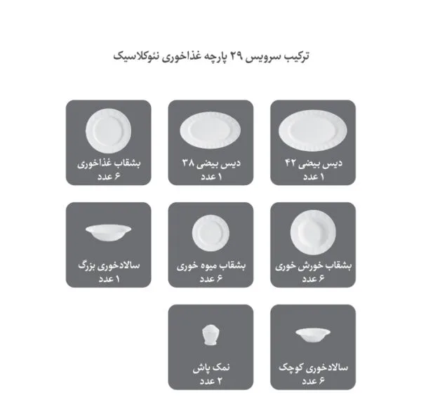 سرویس غذاخوری 29 پارچه چینی زرین مدل نئوکلاسیک دلسا درجه 3