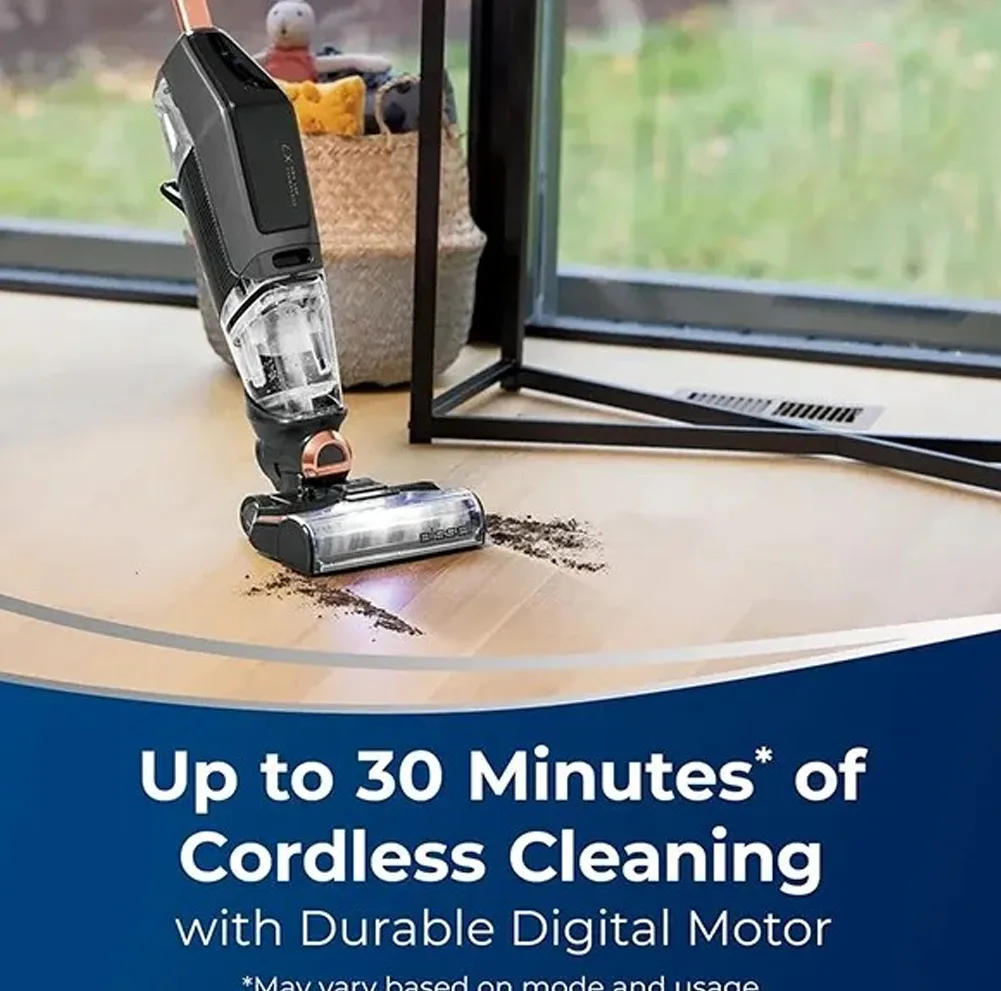 جارو شارژی عصایی بیسل مدل CrossWave X7 Cordless Pro 2955Z با باتری لیتیوم یونی 2600 میلیآمپرساعت، دو مخزن جداگانه آب و زباله، فیلتر HEPA، قابلیت شستوشوی خودکار برس و حالت توربو مخصوص حیوانات خانگی