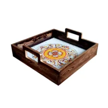 سینی دسته دار مدل چوبی رزین کد 2210 سایز 25*25 سانتی متر
