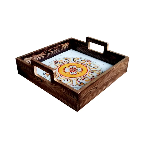 سینی دسته دار مدل چوبی رزین کد 2210 سایز 25*25 سانتی متر