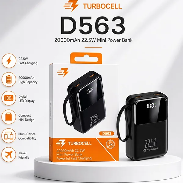 پاوربانک ۲۰۰۰۰ میلی آمپر TURBOCELL مدل D563 22.5w