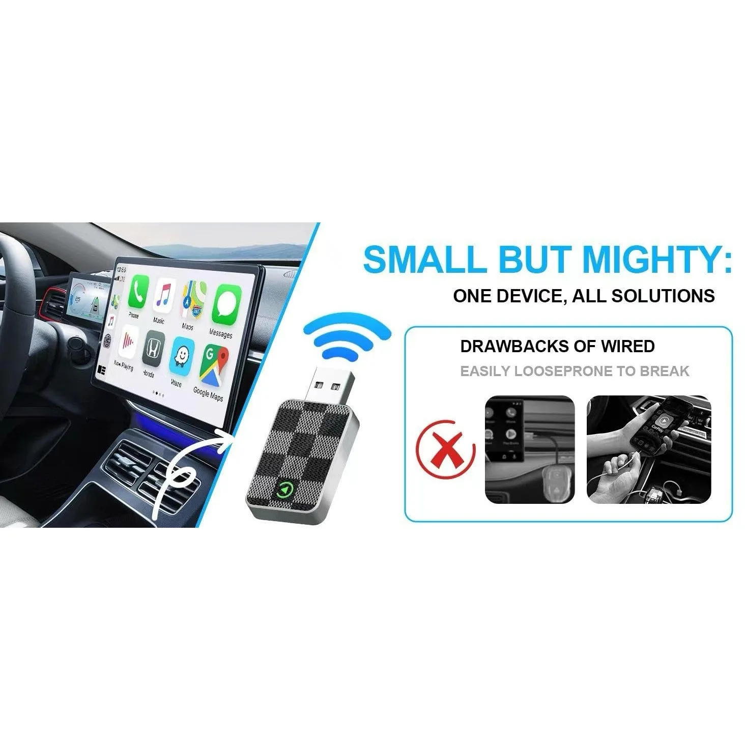 کارپلی و اندروید اتو مدل Wireless CarPlay/Android Auto به همراه مبدل USB به USB-C و کابل افزایش طول USB