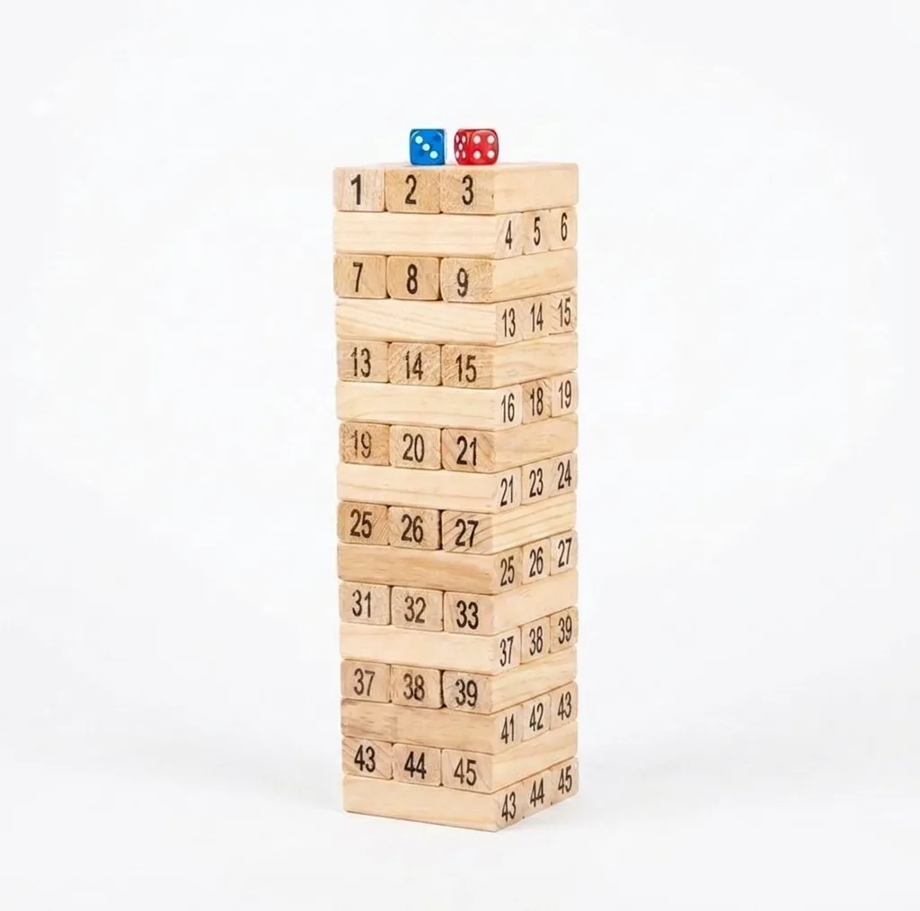 بازی فکری تعادلی دورهمی مدل Jenga 48، مناسب 1 تا 4 نفر، با زمان بازی کمتر از 30 دقیقه، درجه سختی متوسط و مناسب 3 سال به بالا