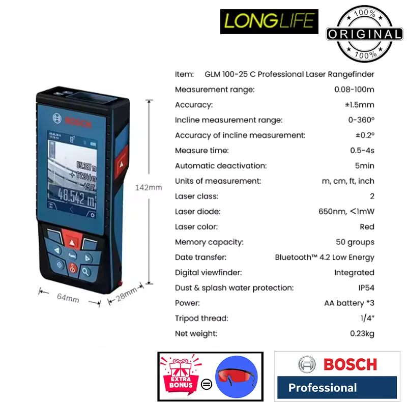 متر لیزری بوش مدل دوربین دار GLM 100-25 C Professional Extra Glass Red Laser برد