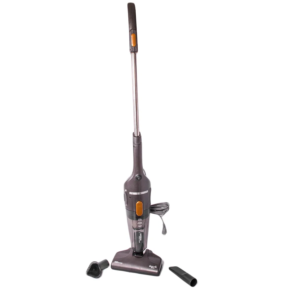 جارو شارژی عصایی درما مدل DX115C با قدرت موتور 600 وات، ظرفیت مخزن 1.2 لیتری، سیستم فیلتراسیون سیکلون و هپا، وزن 1.5 کیلوگرم و طول سیم 5 متر، مناسب برای تمیزکردن سطوح سرامیک، پارکت و سنگ
