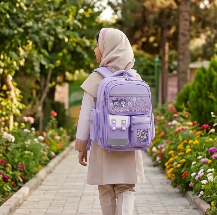 کوله پشتی مدرسه مدل دخترانه بازشو یخچالی طرح کرومی و ملودی