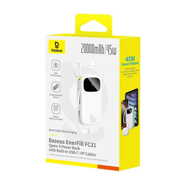 پاوربانک 45 وات بیسوس مدل EnerFill FC31 Qpow3 ظرفیت 20000 میلیآمپرساعت به همراه 2 عدد کابل لایتنینگ / USB-C