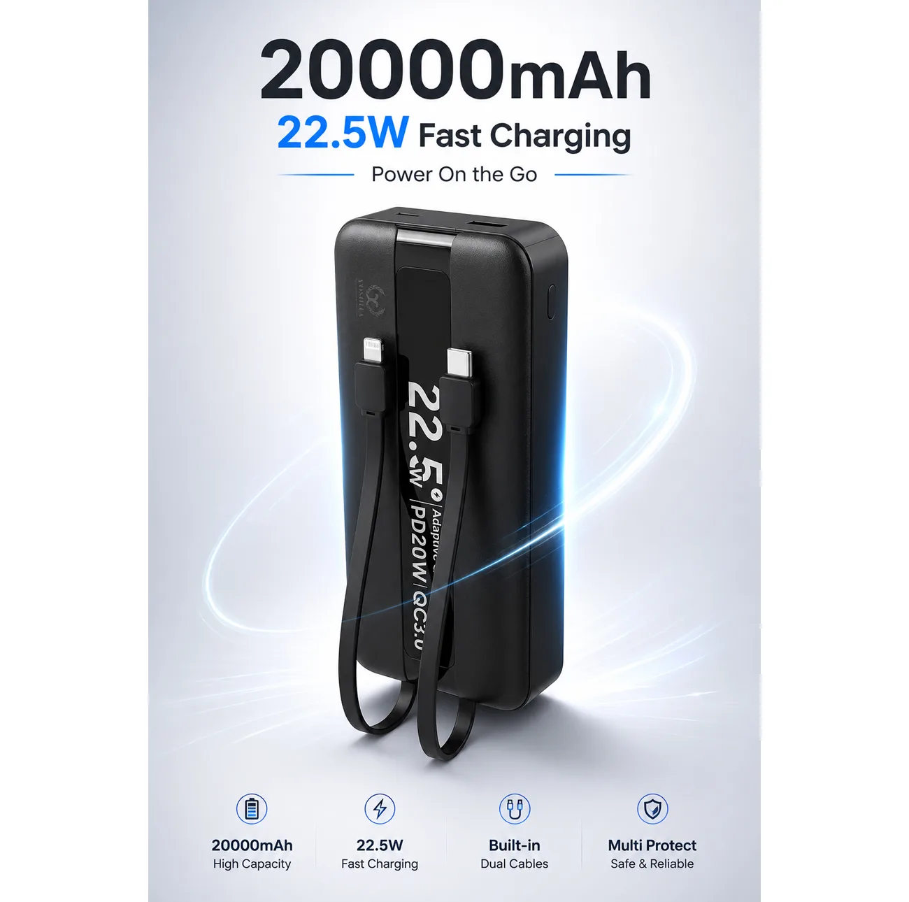 پاوربانک 22.5 وات یوشیتا مدل YP-021 ظرفیت 20000 میلیآمپرساعت به همراه سه عدد کابل USB-C/ لایتنینگ / USB-C