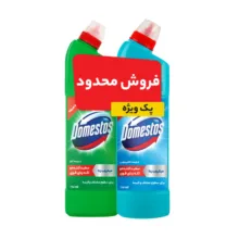 مایع سفید کننده آبی دامستوس با رایحه اکالیپتوس حجم 750 میلی لیتر به همراه مایع سفید کننده سبز دامستوس با رایحه کاج حجم 750 میلی لیتر