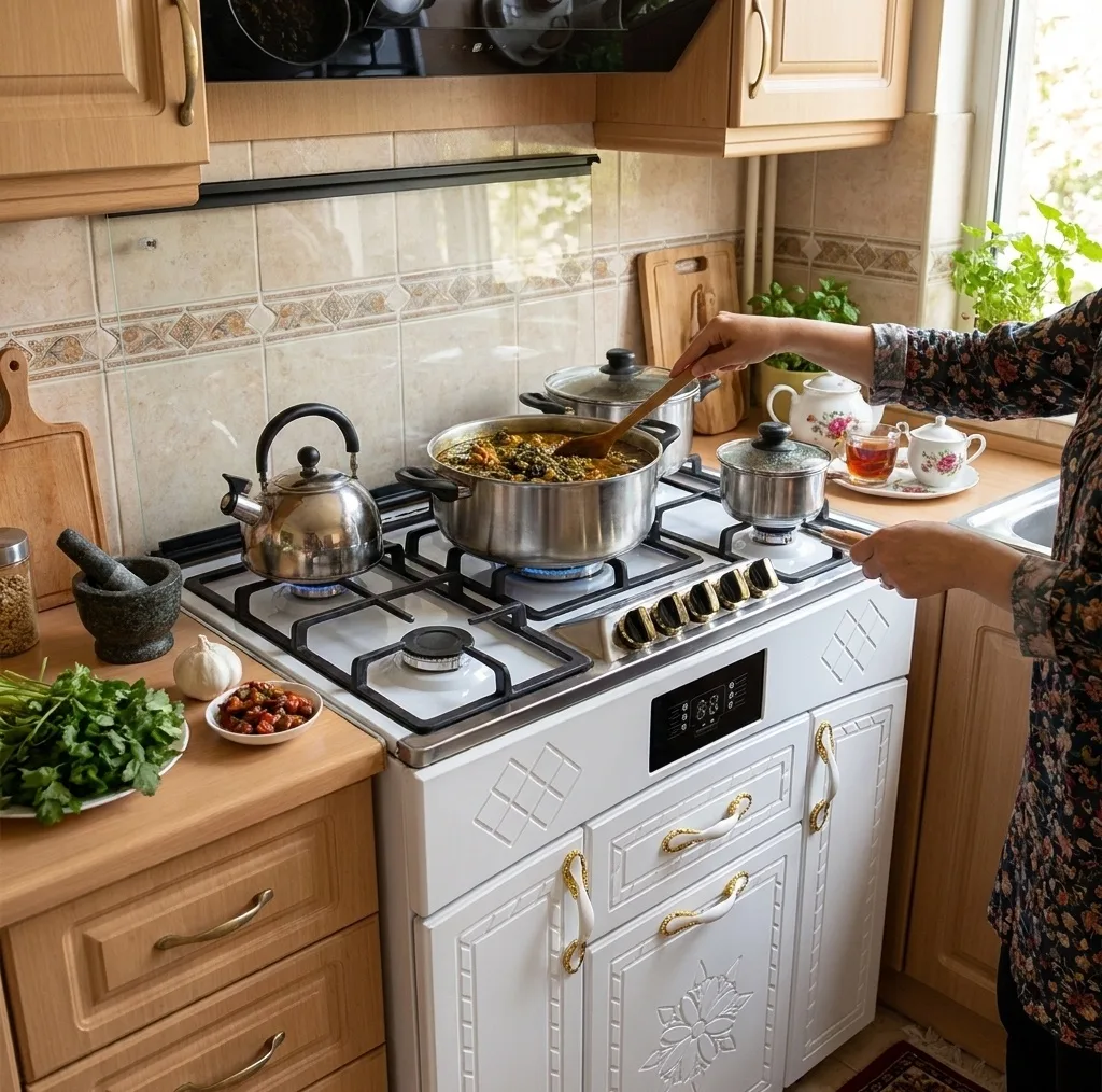 اجاق گاز 5 شعله هاکان مدل اجاق گاز چهار درب صفحه استیل اپکسی کوهان دار با ترموکوپل