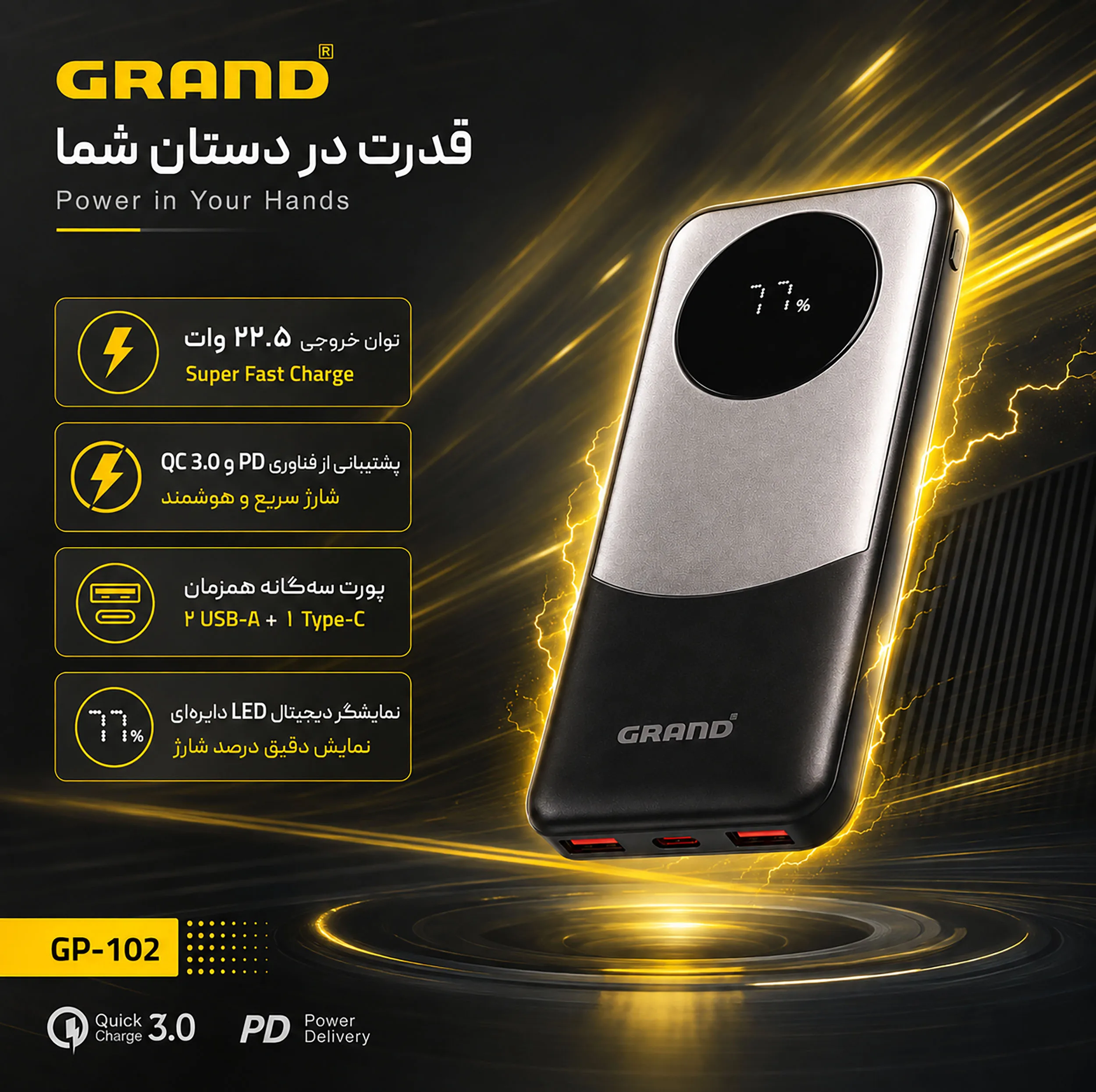 پاوربانک 22.5 وات گرند اسکای مدل GP - 102 ظرفیت 10000 میلیآمپرساعت به همراه کابل USB-C به USB-C