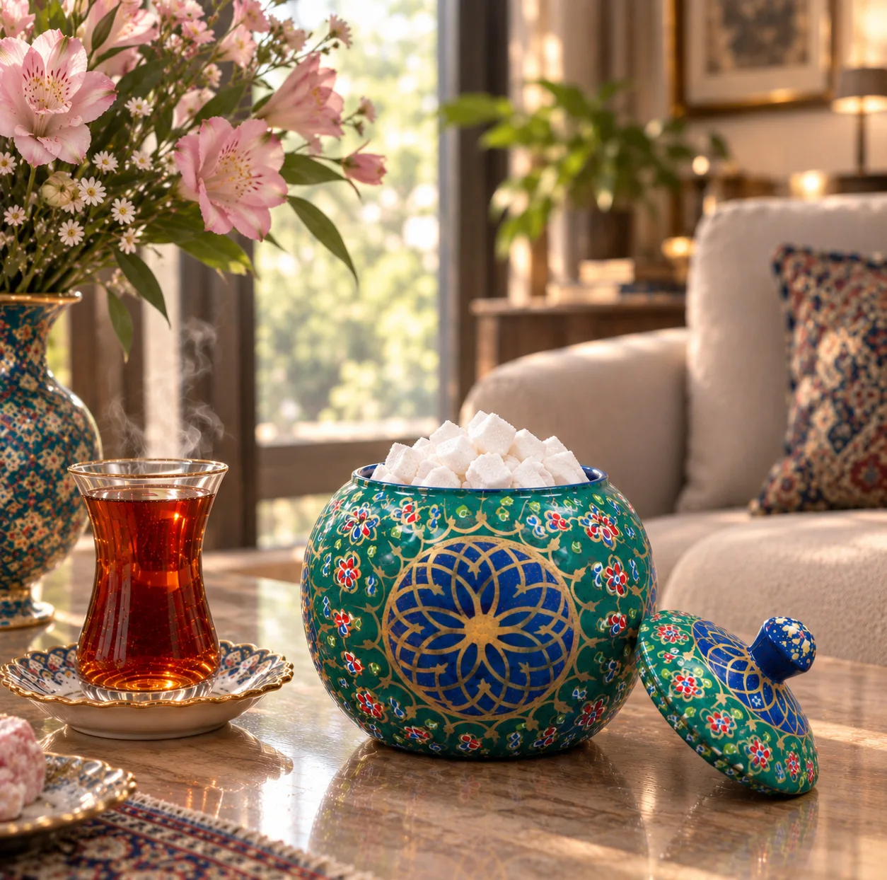 قندان چوبی صنایع دستی فاخر مدل نگارین طرح گل اسلیمی کد EGr-SugarBowl9p8
