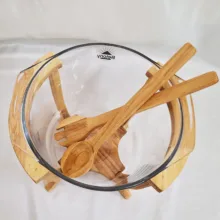 کاسه سالاد بتونی شیشه‌ای مدل ایلیا 01، مجموعه 4 عددی با پایه چوبی، قاشق و چنگال، ابعاد 25×25×20 سانتی‌متر