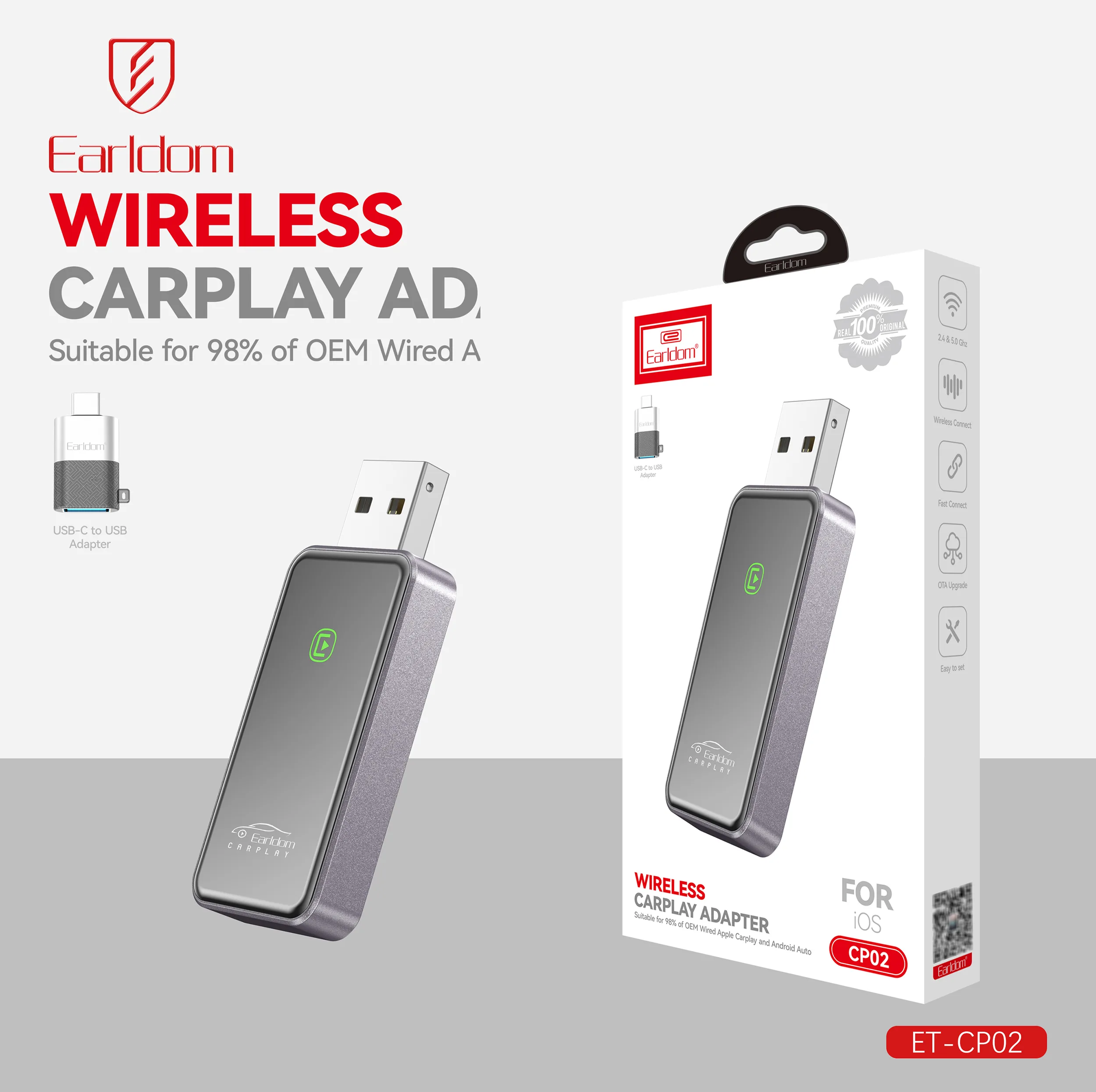 کارپلی و اندروید اتو ارلدام مدل CP02 به همراه تبدیل USB به USB-C