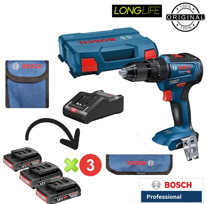 دریل شارژی چکشی 18 ولت بوش مدل حرفه ای GSB 18 V-50 EC + 3 Battery 2 Ah