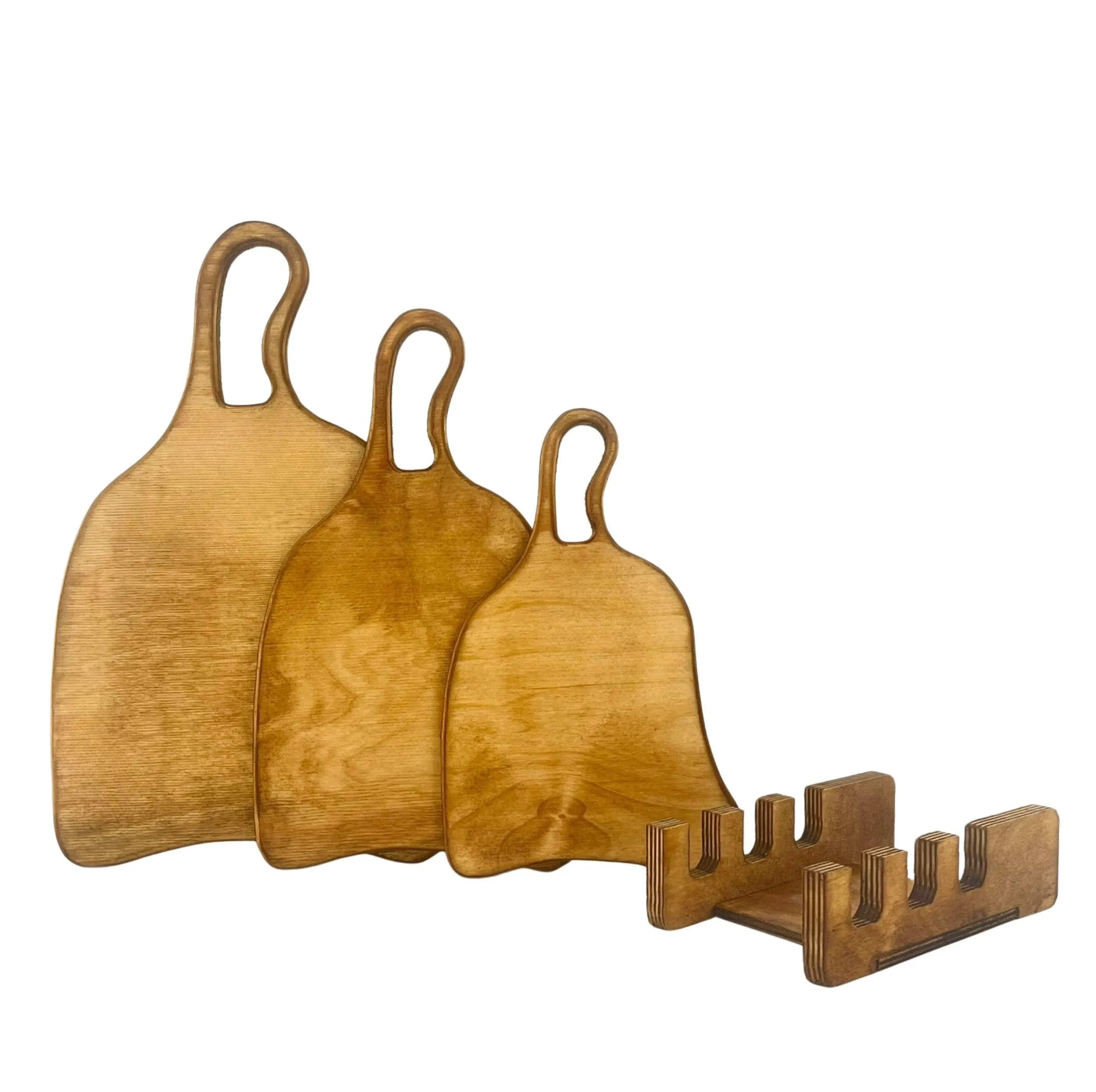 مجموعه 3 عددی تخته سرو چوبی کد TS22 با طراحی دفرمه، پایه چوبی مقاوم، ابعاد 38x20 سانتی‌متر، مناسب سرو غذا و دسر، شست‌وشو با دست