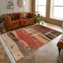 فرش ماشینی 1000 شانه هانوکس زمینه کرم - قهوه‌ای حاشیه چند رنگ مدل بیابان 1 کد L211