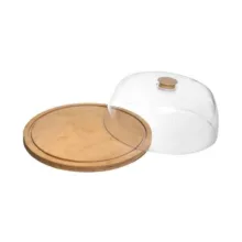 ظرف سرو کیک و شیرینی دایره‌ای 30 سانتی‌متر مدل MD1446 با درپوش پلاستیکی و سینی چوبی، مناسب سرو و نگهداری، شست‌وشو دستی