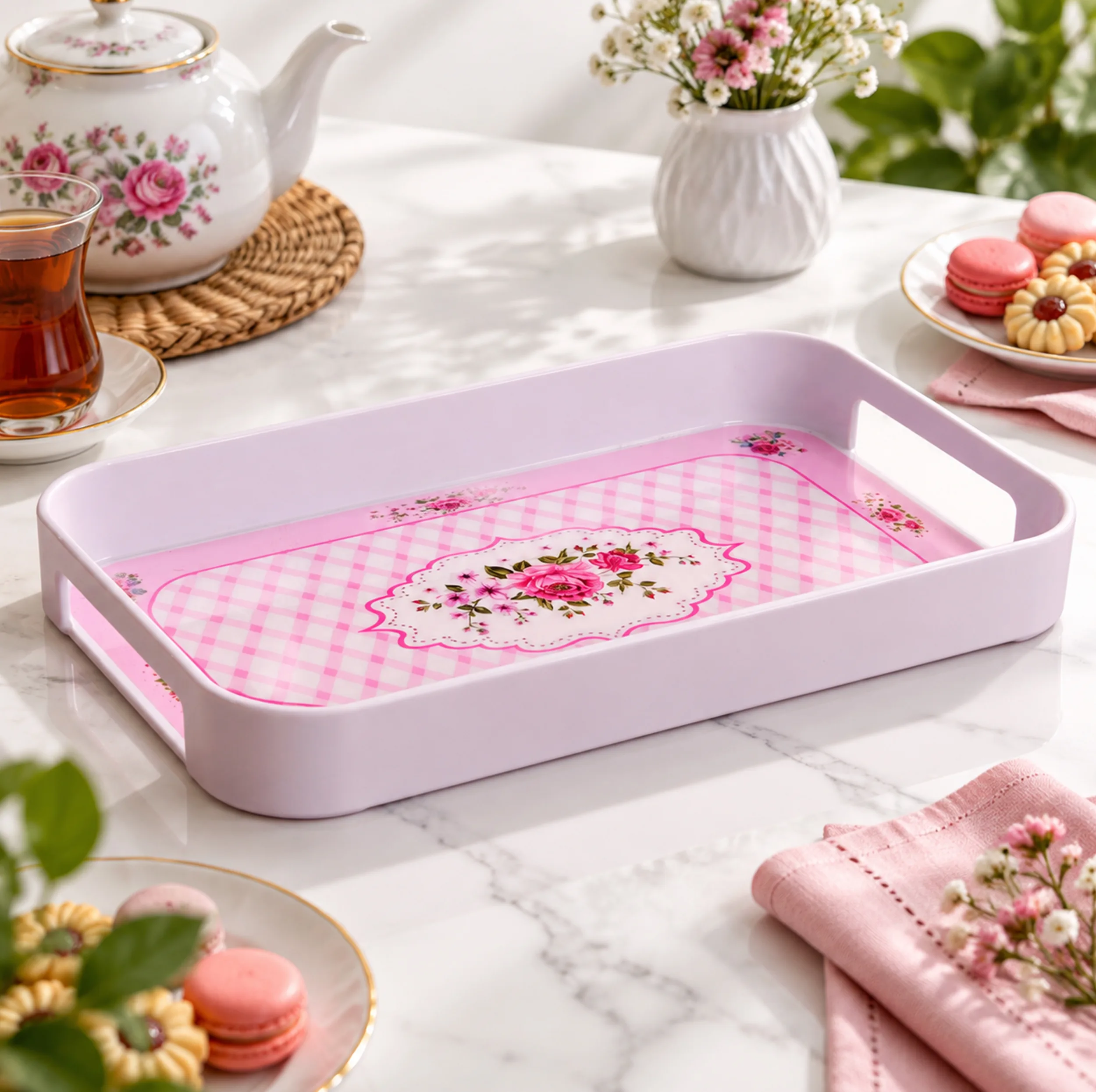 سینی دسته دار مهروز مدل 00910-1 گل رز وینتیج سایز 18*33 سانتی متر