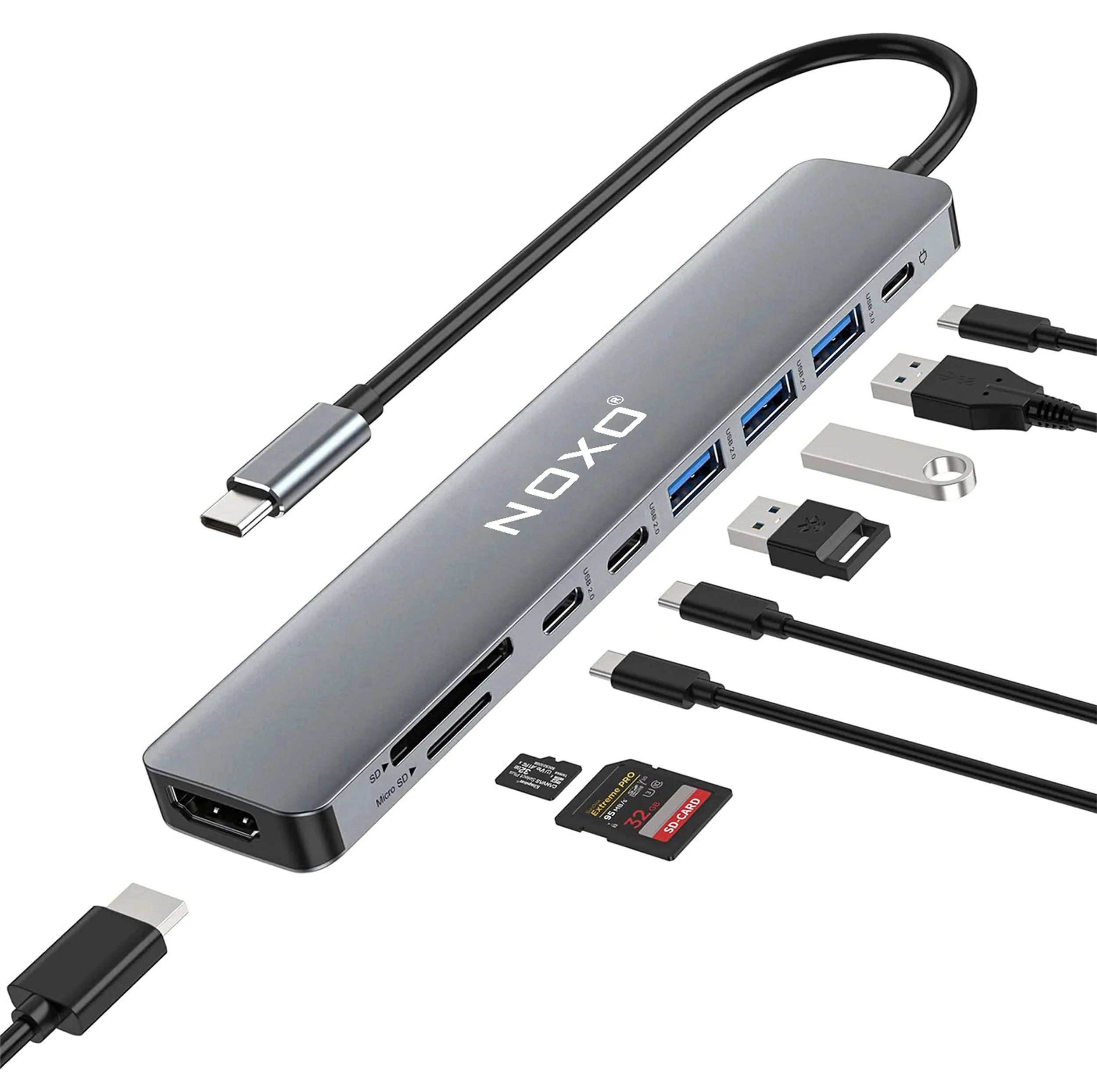 هاب 9 پورت USB-C نوکسو مدل HUB-N1 9in1 با پشتیبانی شارژ PD 100 وات، HDMI 4K، USB 3.0 و کارتخوان SD/TF