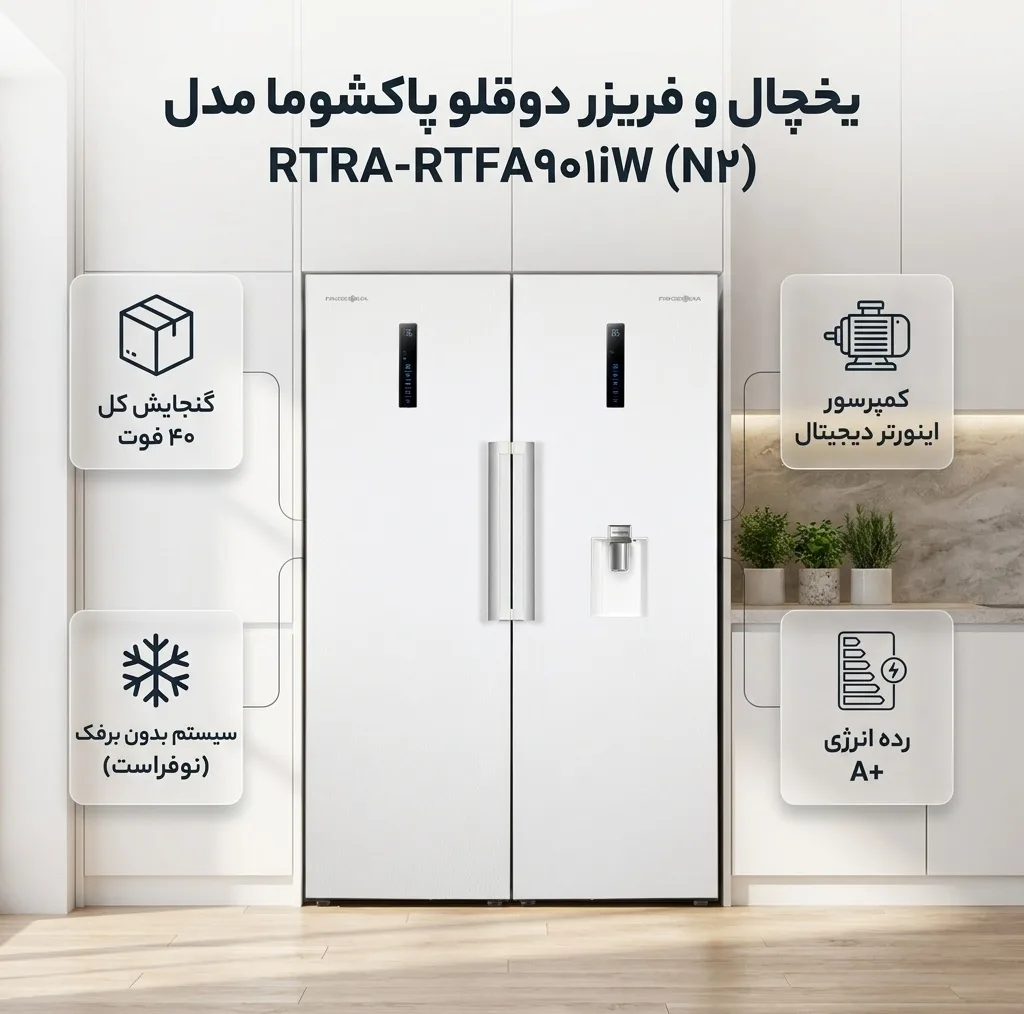 یخچال و فریزر دوقلو 40 فوت پاکشوما مدل RTRA-RTFA۹۰۱iW (N۲)، دارای نمایشگر و بدون برفک، با ارتفاع 187، پهنای 118 و عمق 73 سانتی‌متر، میزان مصرف انرژی A+، دارای 5 طبقه در یخچال و 4 کشو در فریزر، دارای سیستم نوفراست