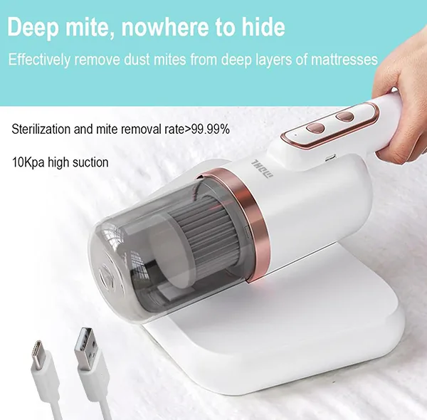 جارو شارژی تخت خواب MDHL مدل UV با مکش قوی، نور UV ضدعفونیکننده، فیلتر HEPA سهگانه، 2 سرعت و باتری شارژی 1200mAh