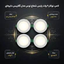لامپ توکار 9 وات پارس شعاع توس مدل گلاریس دایره‌ای بسته 4 عددی