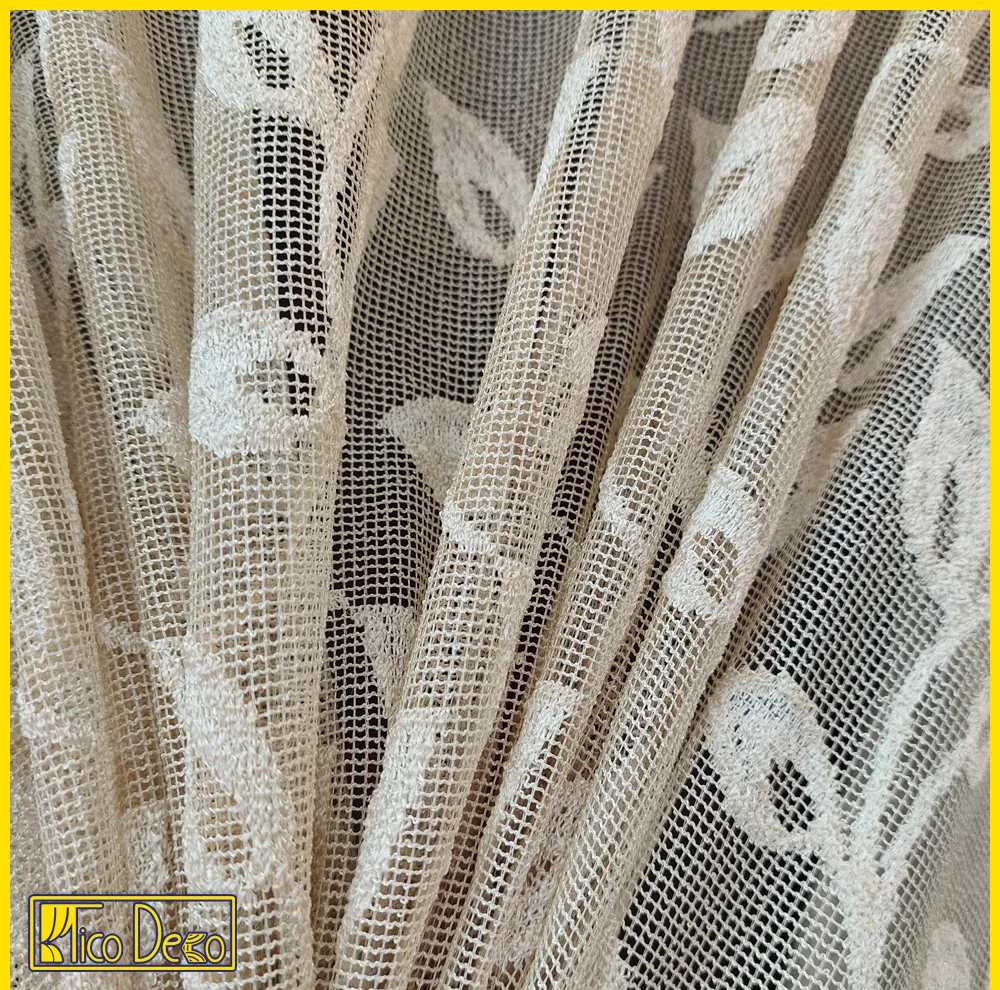 پرده پانچ تیکو دکو مدل تور راشل کادکا طرح برگی دالبوردار سایز 280 × 225 سانتی‌متر مجموعه‌ 2 عددی