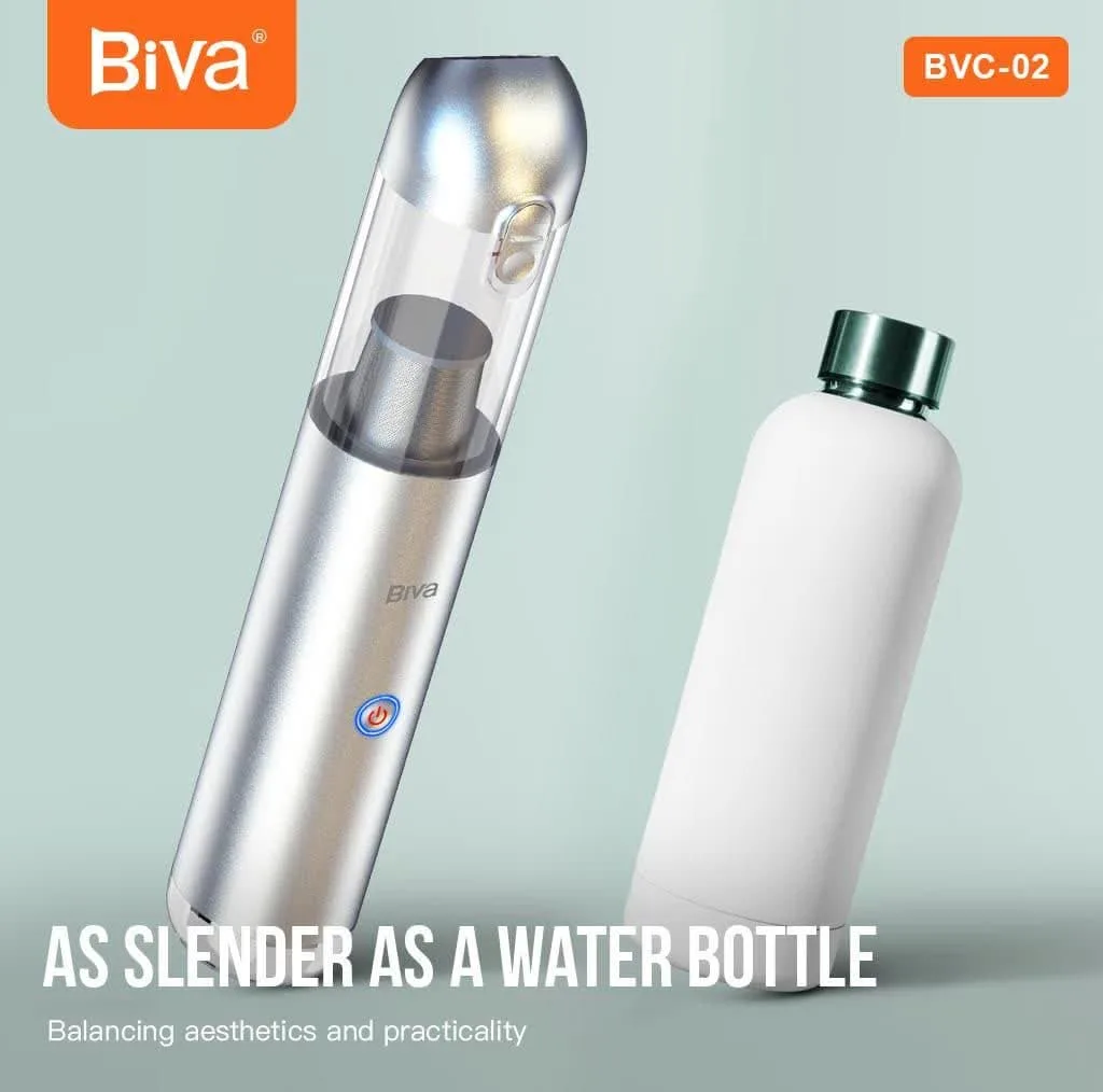 جارو شارژی خودرو بیوا مدل BVC-02s با توان مکش 120 AirWatt، باتری 2200mAh، ظرفیت مخزن 200ml، چراغ قوه و چراغ چشمکزن هشدار، شارژدهی سریع و طراحی جمعوجور مناسب تمیزکاری داخل خودرو و مبلمان
