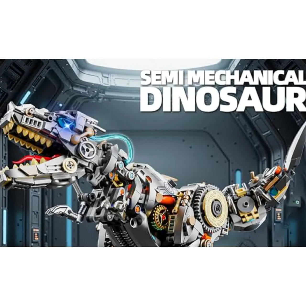 ساختنی 1268 تکه ناب سل مدل دایناسور تیرانوسوروس چراغدار به همراه پایه کد1268PCS DINOSAURS MECHANICAL NO13087