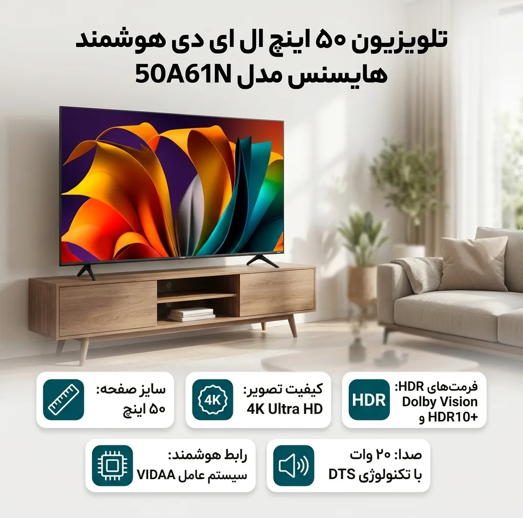 تلویزیون 50 اینچ ال ای دی هوشمند هایسنس مدل 50A61N