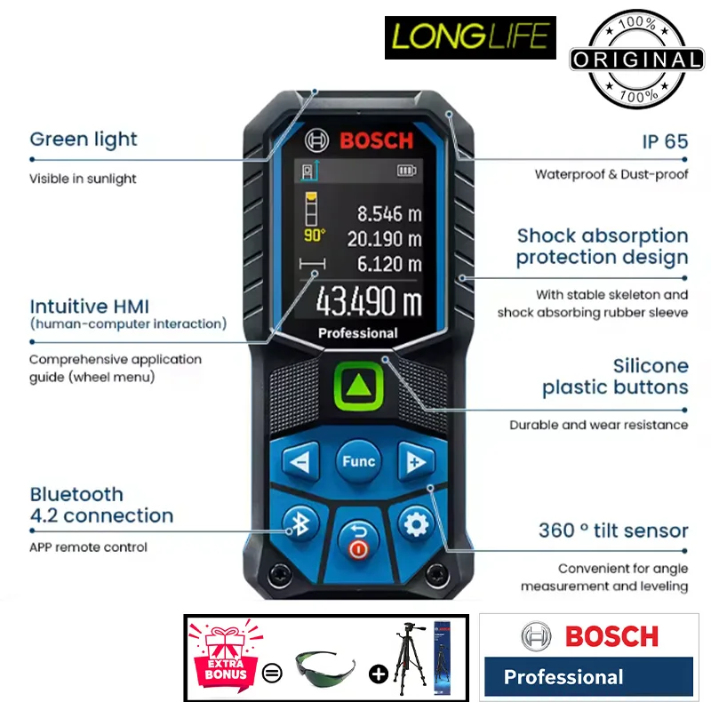 متر لیزری بوش مدل لیزر سبز GLM 50-27 CG / ISO NORM 16331-1 + BT150 + Green Glass Laser برد 50 متر