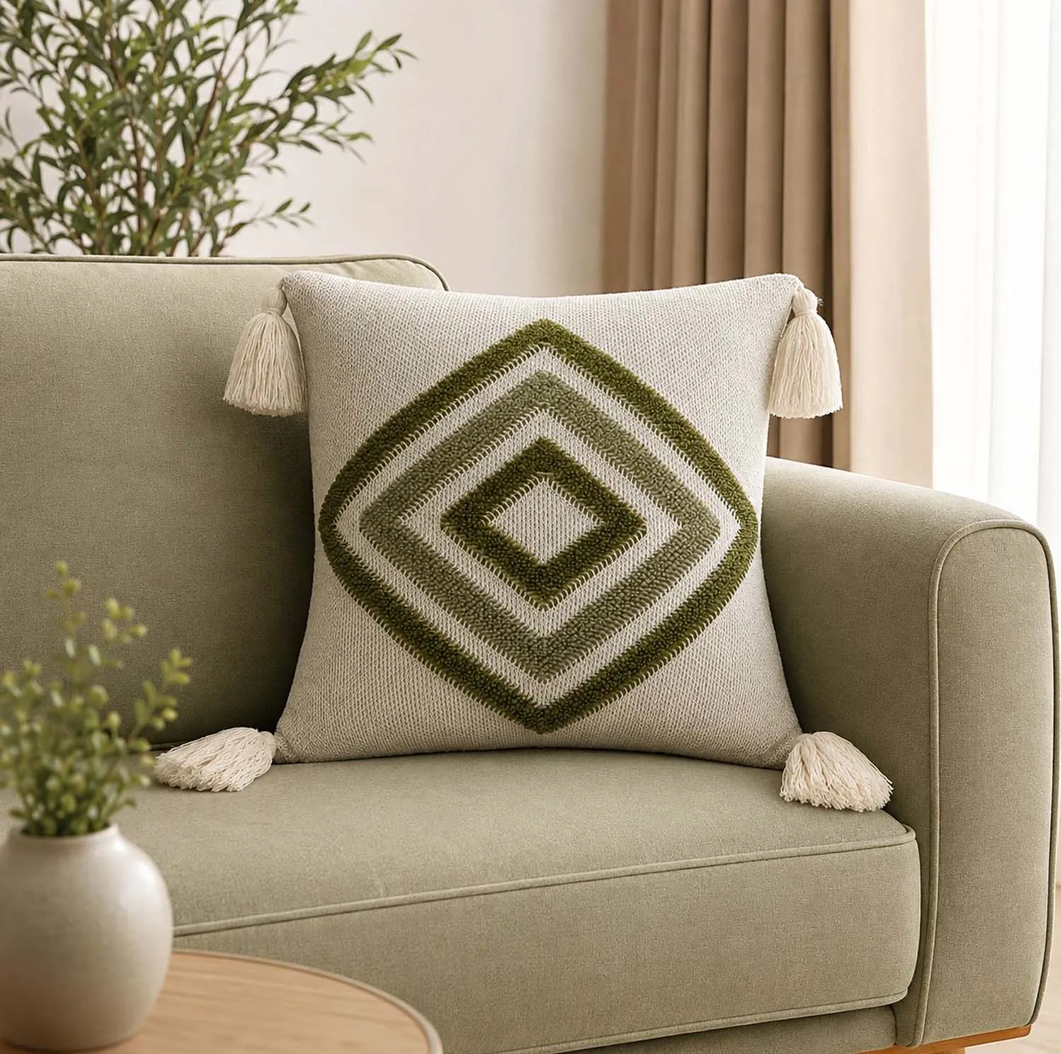 کاور کوسن کالامیر مدل بافت پانچ‌دوزی طرح هندسی با منگوله سایز ۴۵×۴۵ سانتی‌متر