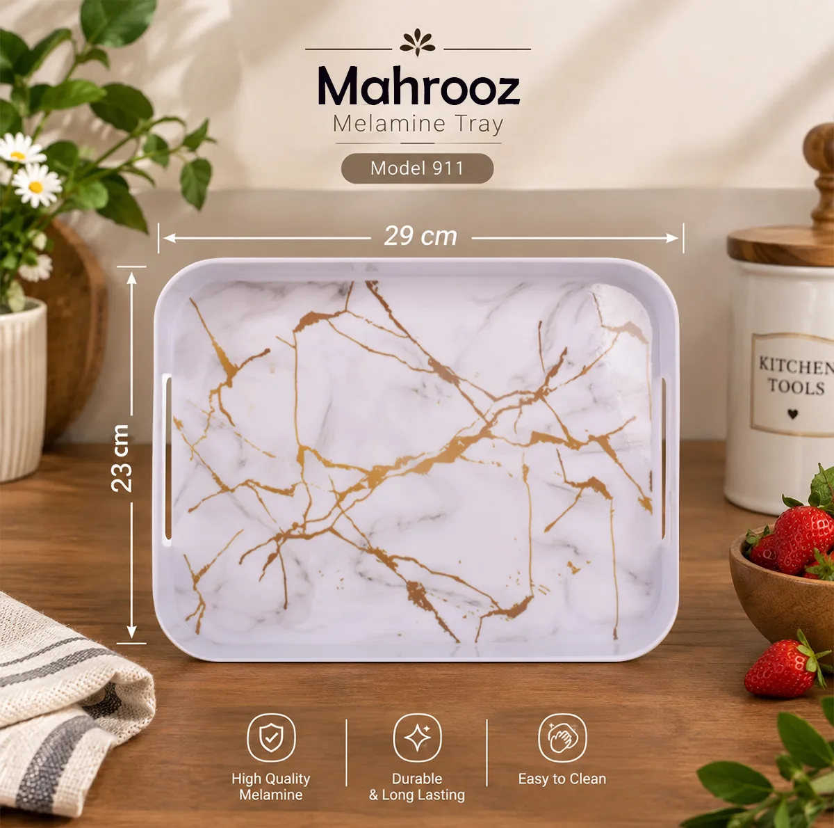 سینی دسته دار مهروز مدل 911 مرمر سایز 23×29 سانتی متر