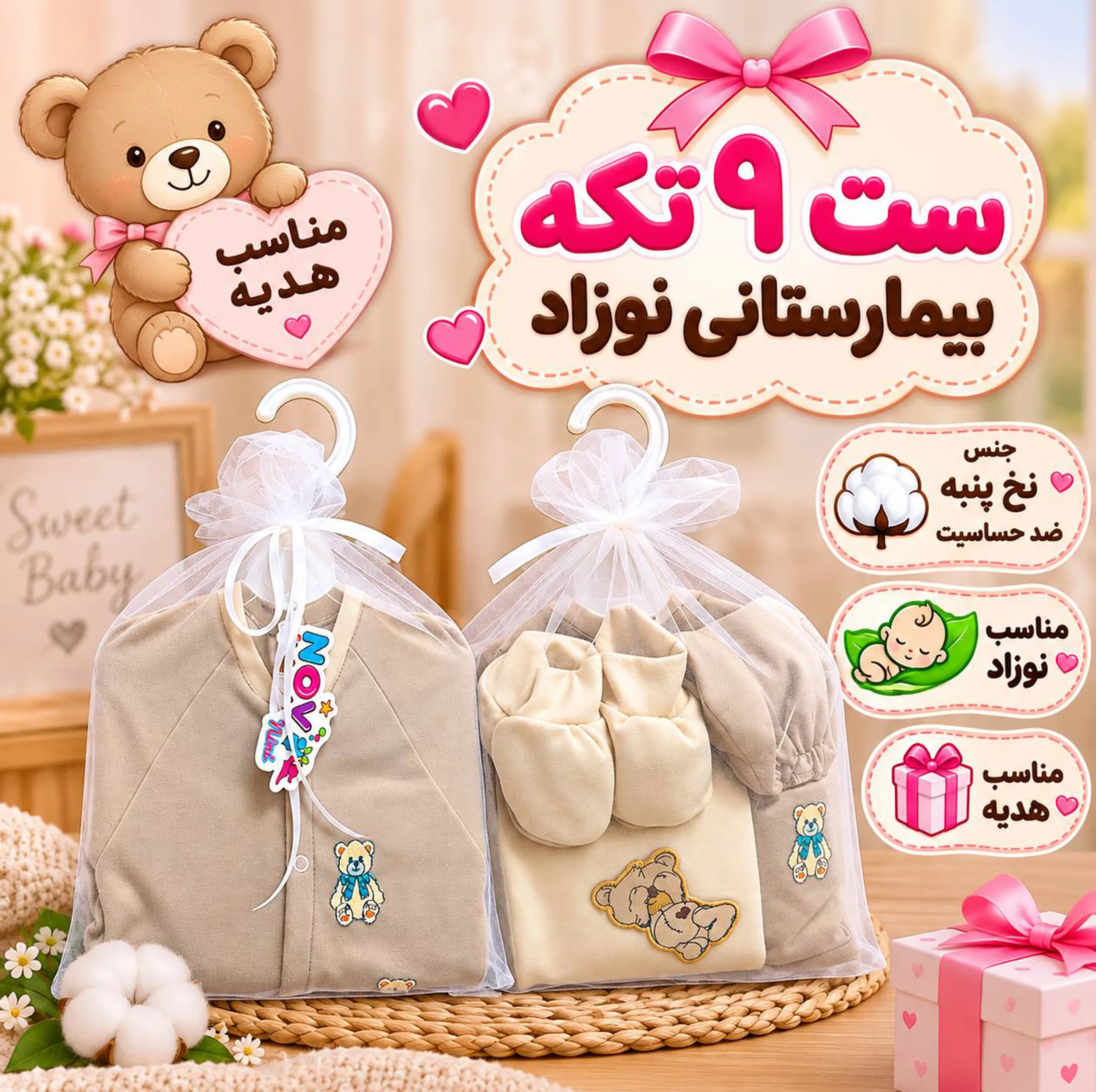 ست 8 تکه بیمارستانی نوزادی مدل خرس ها