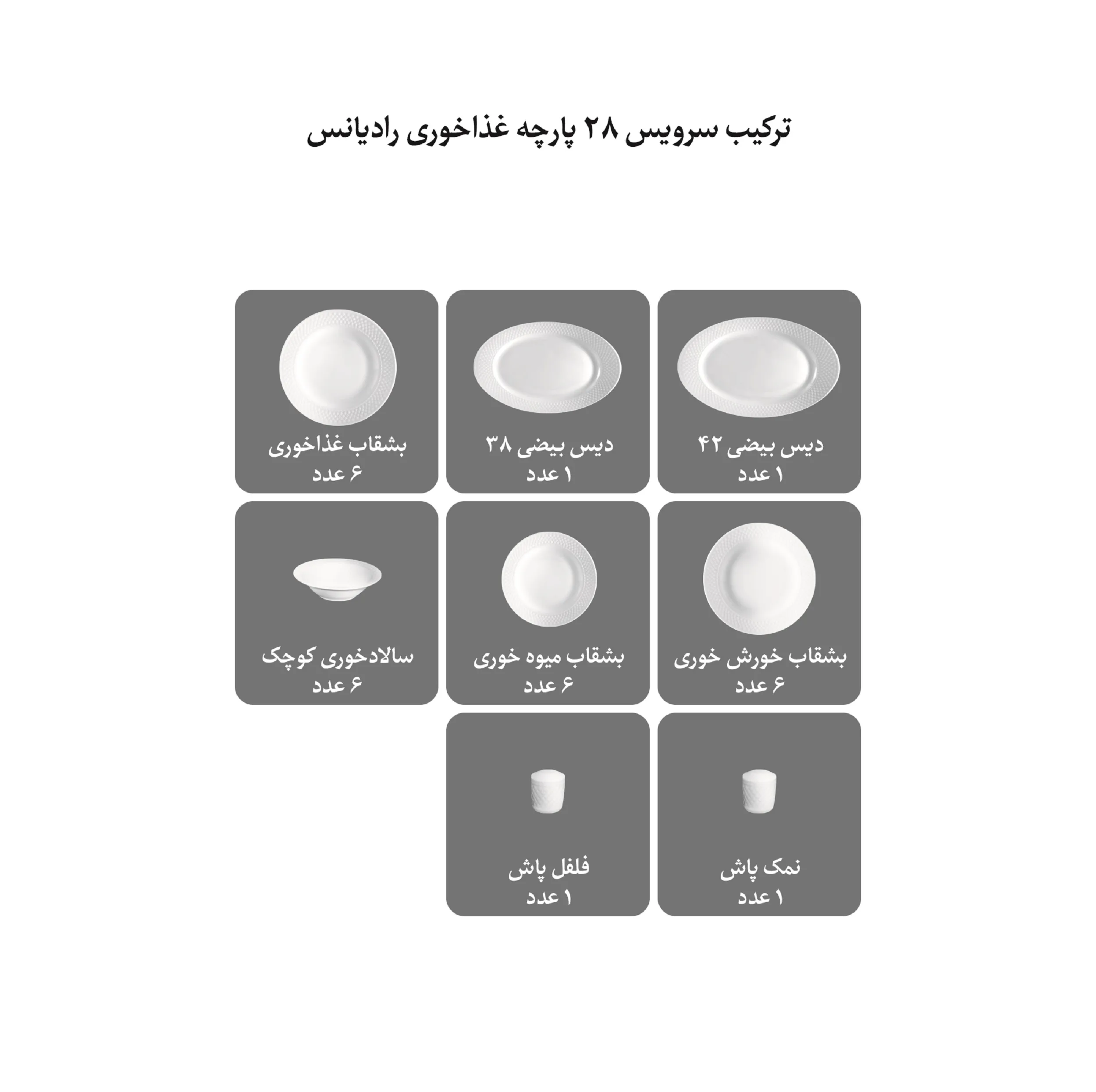 سرویس غذاخوری 28 پارچه چینی زرین ایران مدل رادیانس آداجیو درجه 3