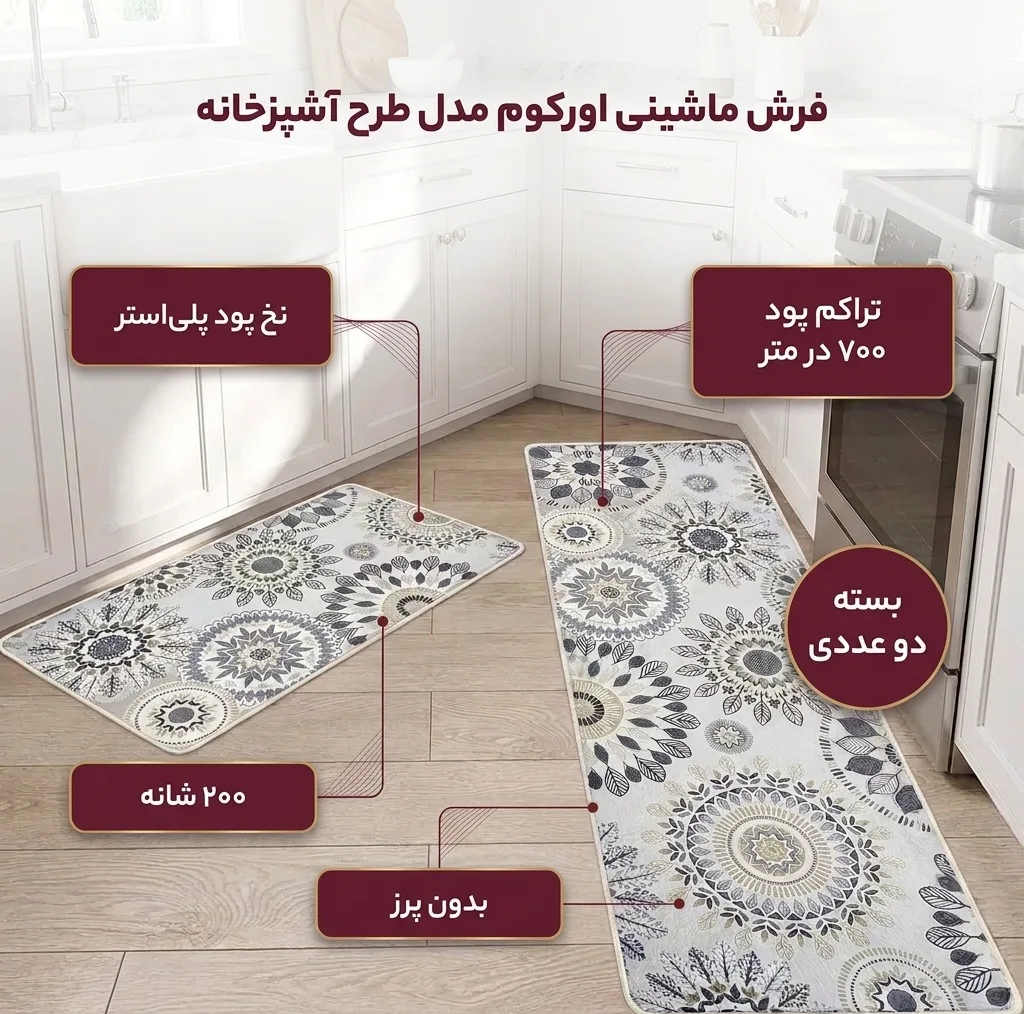 فرش ماشینی 200 شانه زمینه طوسی حاشیه خاکستری مدل چاپی بدون پرز بدون تار و پود طرح آشپزخانه اورکوم کد kitchen.5003.01 بسته دو عددی