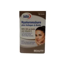 کپسول مکمل پوست، مو و ناخن یوروویتال مدل Hyaluronsäure Plus Kollagen & Biotin بسته 30 عددی با هیالورونیک اسید 50mg، کلاژن هیدرولیز شده 250mg، بیوتین 300mcg و ویتامین C برای تقویت سلامت پوست، افزایش استحکام کلاژن و بهبود سلامت مو و ناخن